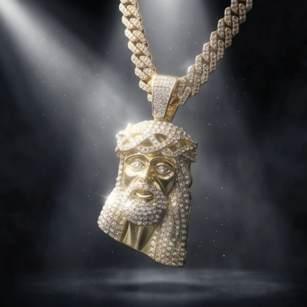 Collier Pendentif Jésus Doré 14K Bling-Bling avec Chaîne Cubaine – Style Hip-Hop & Foi Chrétienne - Paiement à la Livraison