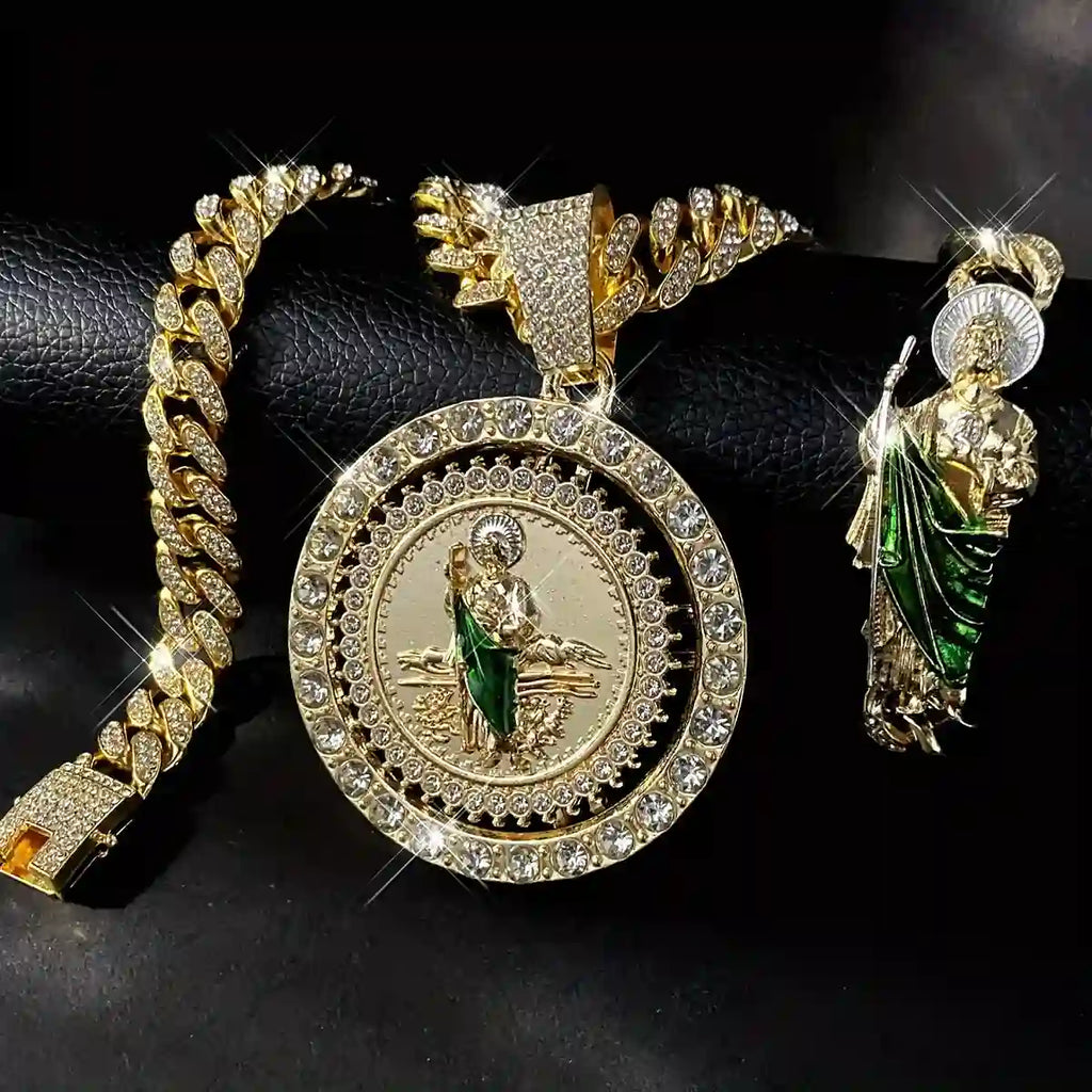 Parure Bijoux 3 Pièces Saint Jude (San Judas) – Collier Chaîne Cubaine avec Pendentif Rotatif & Bracelet Sertis de Strass – Style Hip-Hop & Protection Divine (Paiement à la Livraison)
