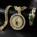 Parure Bijoux 3 Pièces Saint Jude (San Judas) – Collier Chaîne Cubaine avec Pendentif Rotatif & Bracelet Sertis de Strass – Style Hip-Hop & Protection Divine (Paiement à la Livraison)