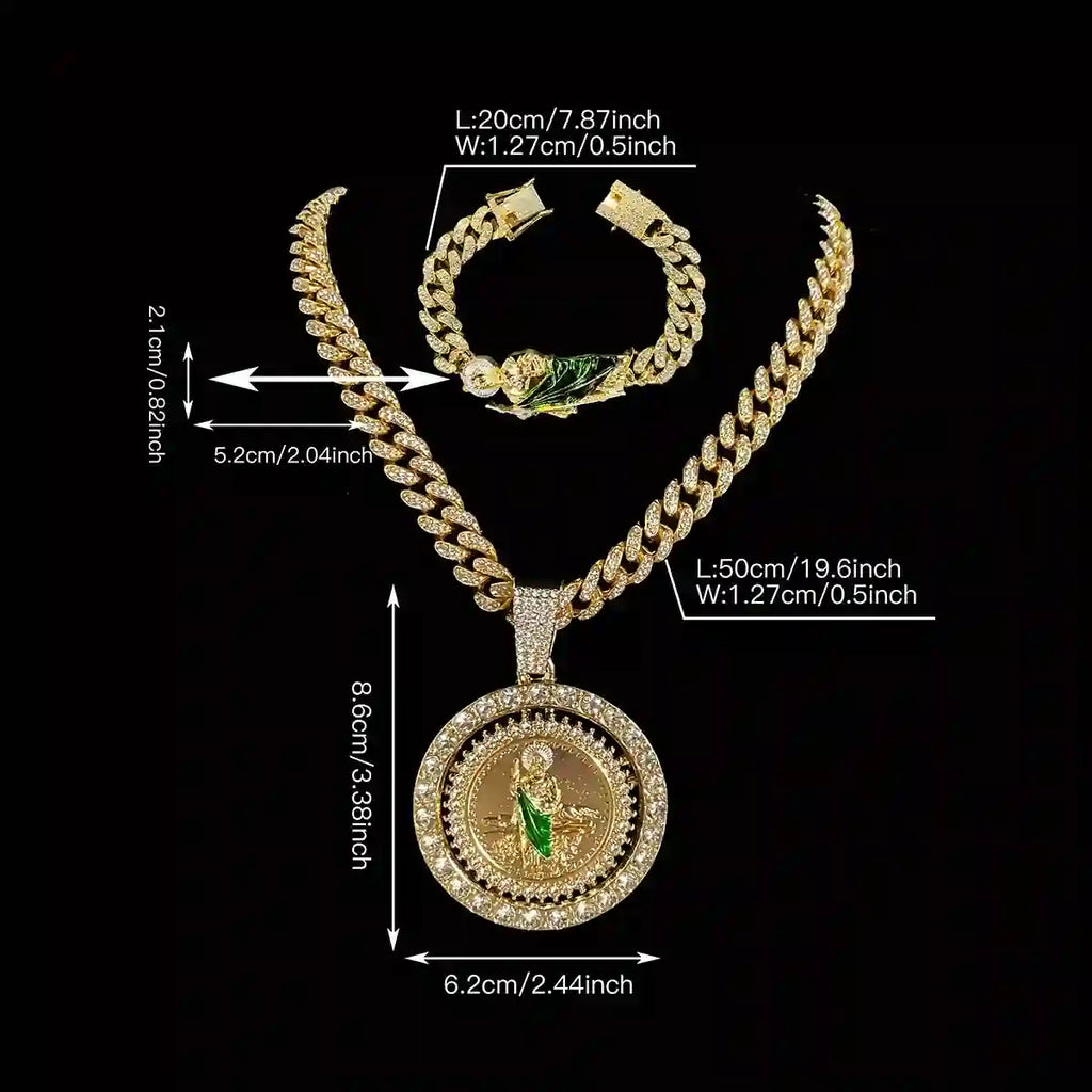 Parure Bijoux 3 Pièces Saint Jude (San Judas) – Collier Chaîne Cubaine avec Pendentif Rotatif & Bracelet Sertis de Strass – Style Hip-Hop & Protection Divine (Paiement à la Livraison)