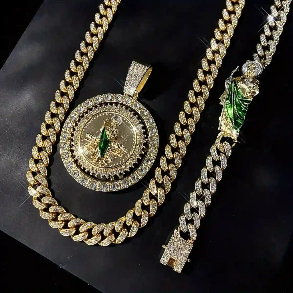 Parure Bijoux 3 Pièces Saint Jude (San Judas) – Collier Chaîne Cubaine avec Pendentif Rotatif & Bracelet Sertis de Strass – Style Hip-Hop & Protection Divine (Paiement à la Livraison)