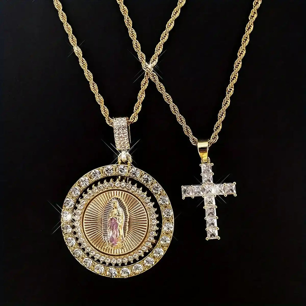 Parure Bijoux 2 Pièces Sainte Vierge Marie & Croix – Collier Pendentif Rotatif Sertis de Zircons Brillants – Protection Divine & Style Hip-Hop (Paiement à la Livraison)