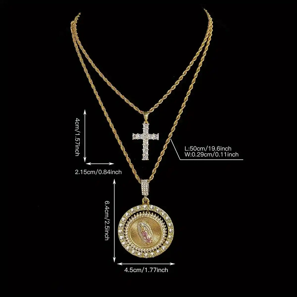 Parure Bijoux 2 Pièces Sainte Vierge Marie & Croix – Collier Pendentif Rotatif Sertis de Zircons Brillants – Protection Divine & Style Hip-Hop (Paiement à la Livraison)