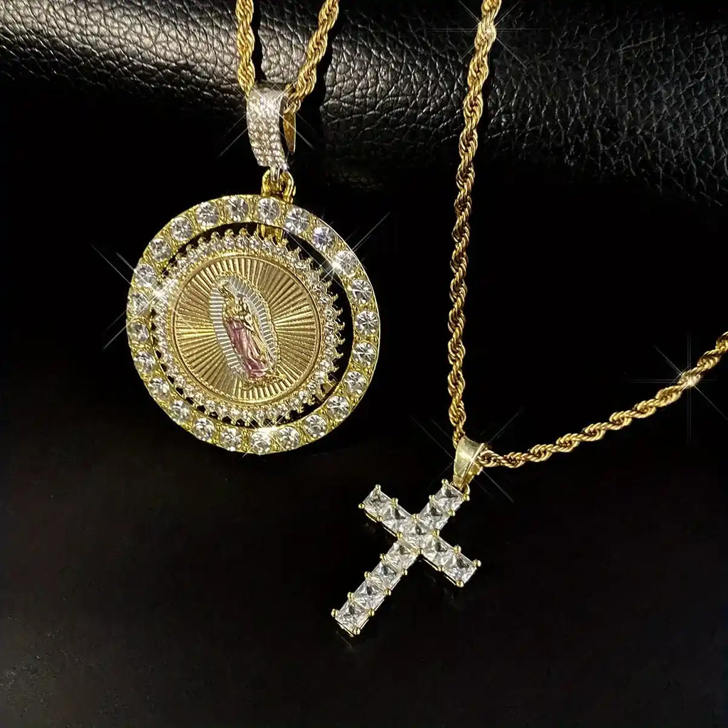 Parure Bijoux 2 Pièces Sainte Vierge Marie & Croix – Collier Pendentif Rotatif Sertis de Zircons Brillants – Protection Divine & Style Hip-Hop (Paiement à la Livraison)