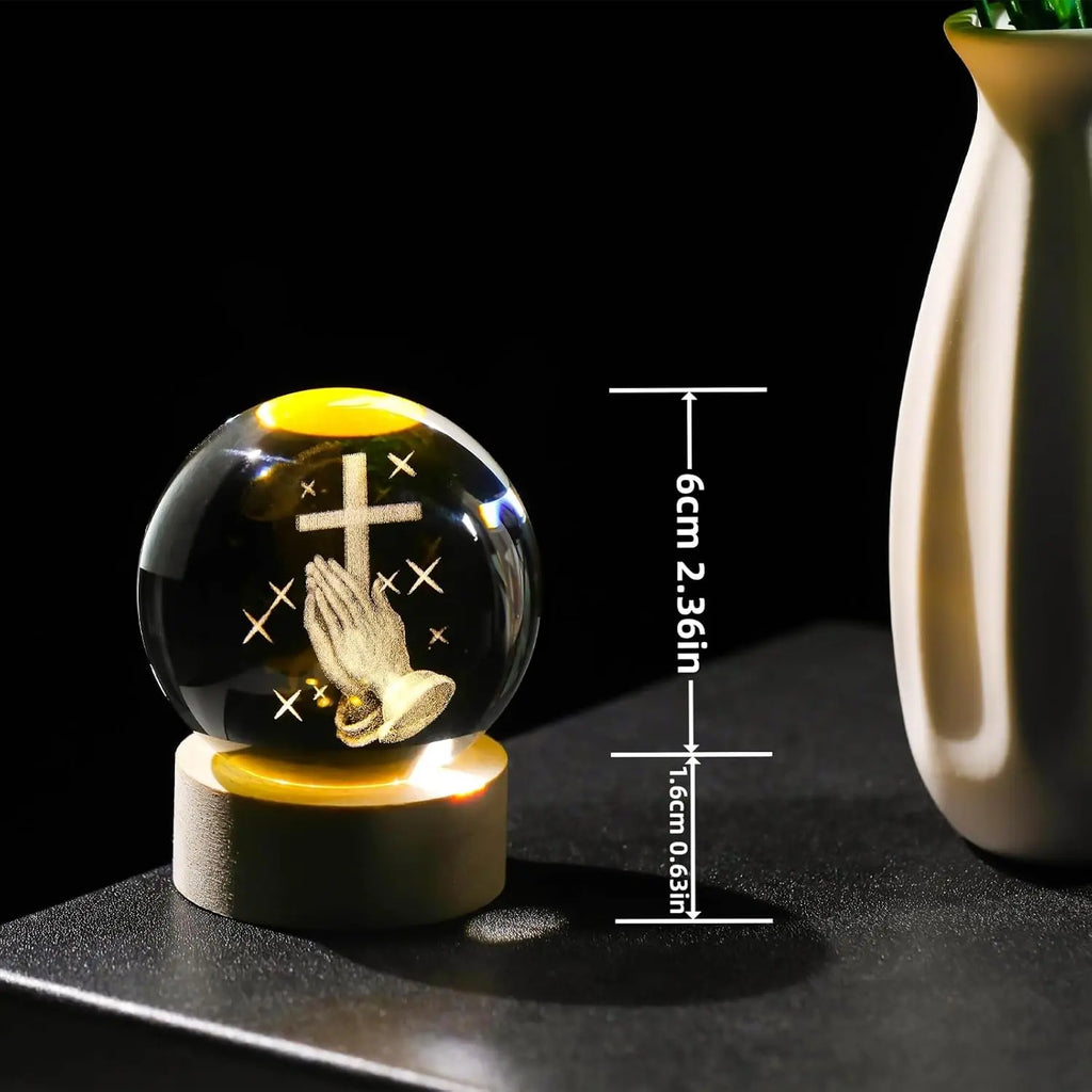 Boule de Cristal 3D avec Croix – Veilleuse LED en Bois, Charge USB