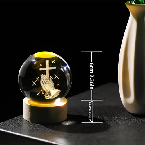 Boule de Cristal 3D avec Croix – Veilleuse LED en Bois, Charge USB
