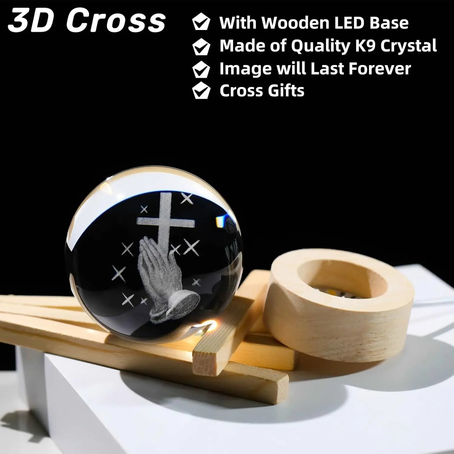 Boule de Cristal 3D avec Croix – Veilleuse LED en Bois, Charge USB