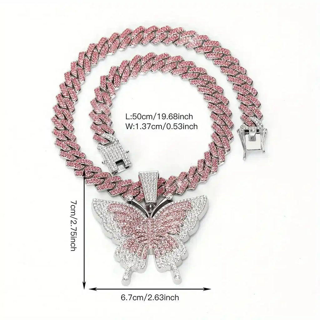 Collier Papillon Scintillant & Chaîne Cubaine Hip-Hop – Pendentif Pavé de Cristaux Brillants (Paiement à la Livraison)
