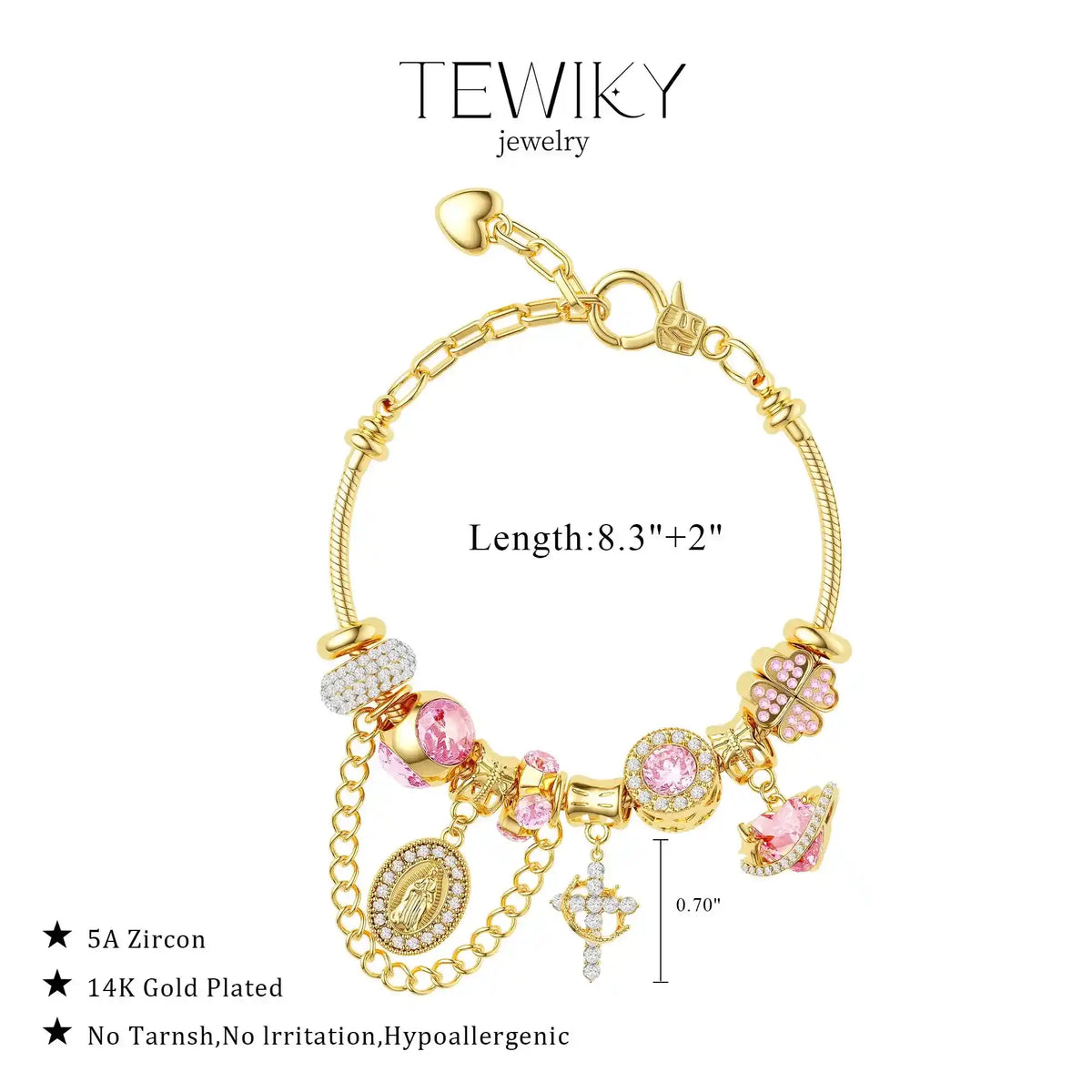 Bracelet Sacré Céleste & Perles Roses – Chaîne Serpent Dorée avec Médaille Miraculeuse & Croix Scintillante (Paiement à la Livraison)