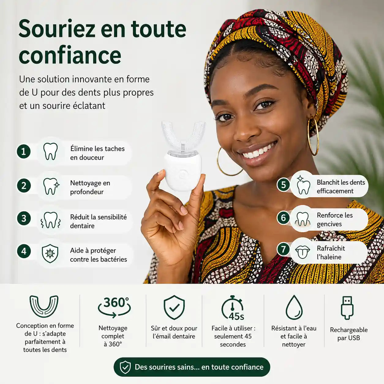 Brosse à Dents Intelligente en U 360° – Blanchiment Lumière Bleue & Nettoyage Sonique Profond