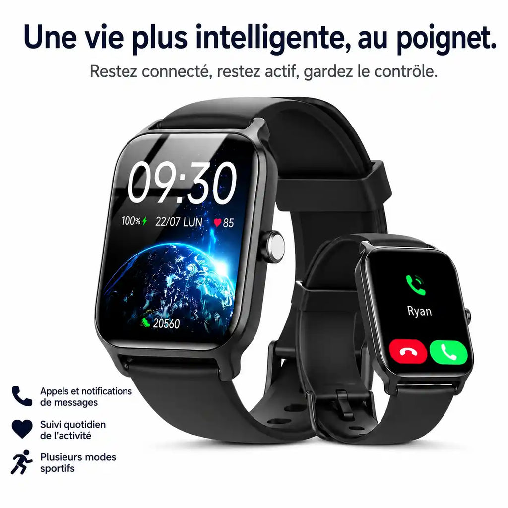 Montre Connectée 3-en-1 avec 2 Bracelets (Silicone + Acier Milanais) – Écran Tactile 2.01" – Compatible iOS/Android