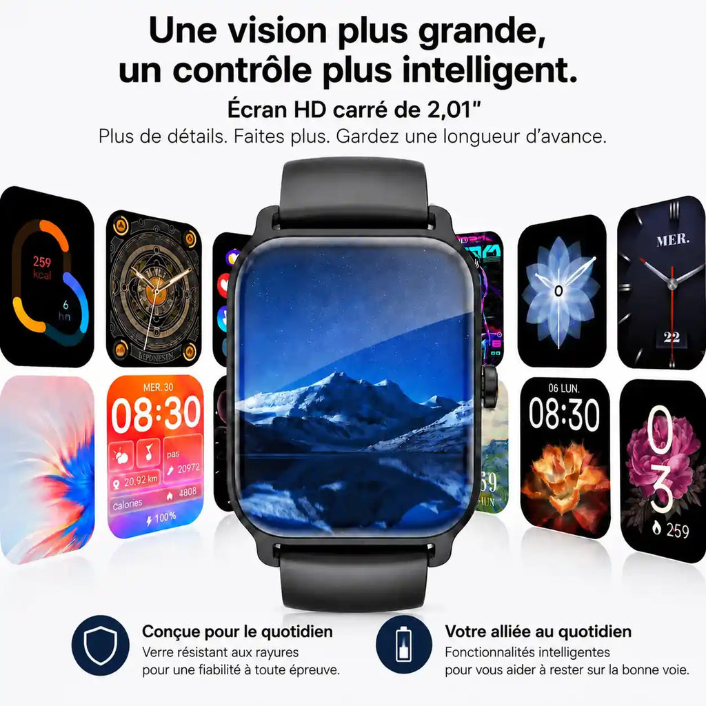 Montre Connectée 3-en-1 avec 2 Bracelets (Silicone + Acier Milanais) – Écran Tactile 2.01" – Compatible iOS/Android