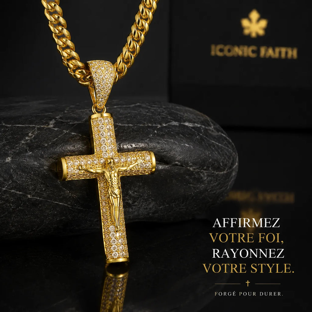 Collier Cubain Luxe avec Pendentif Croix de Jésus Or 18K (Iced Out)
