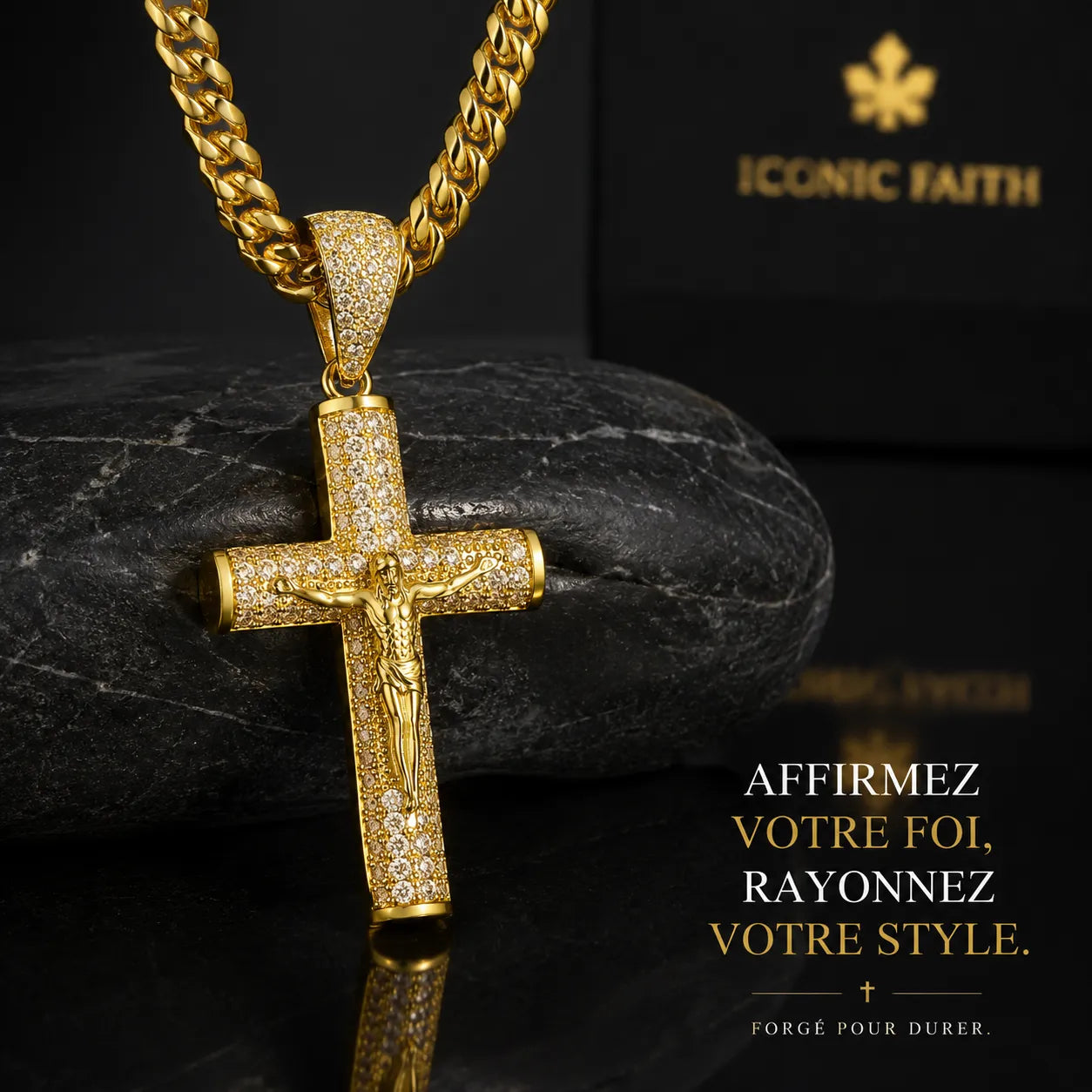 Collier Cubain Luxe avec Pendentif Croix de Jésus Or 18K (Iced Out)