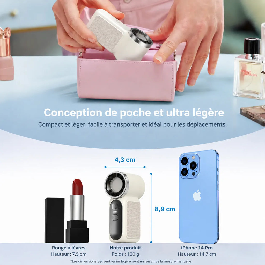 Mini Ventilateur de Poche Turbo avec Écran LED – Fraîcheur Intense 6 Vitesses pour Femmes (Rechargeable USB, Idéal pour Voyage & Maquillage)