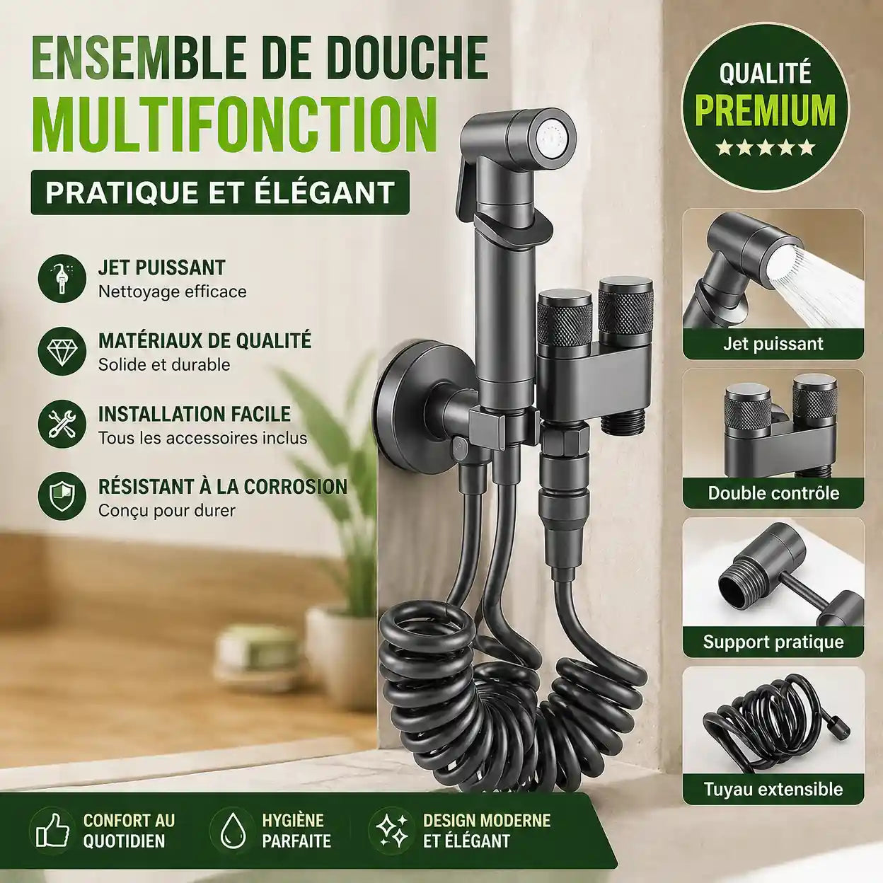 Pistolet Nettoyeur Haute Pression WC – Kit Complet Anti-Fuite pour Salle de Bain (Gris Métallisé)