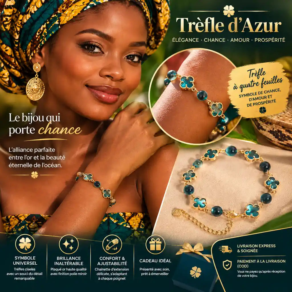 Bracelet Porte-Bonheur "Bleu Mirage" – Trèfle de Chance & Agate Raffinée