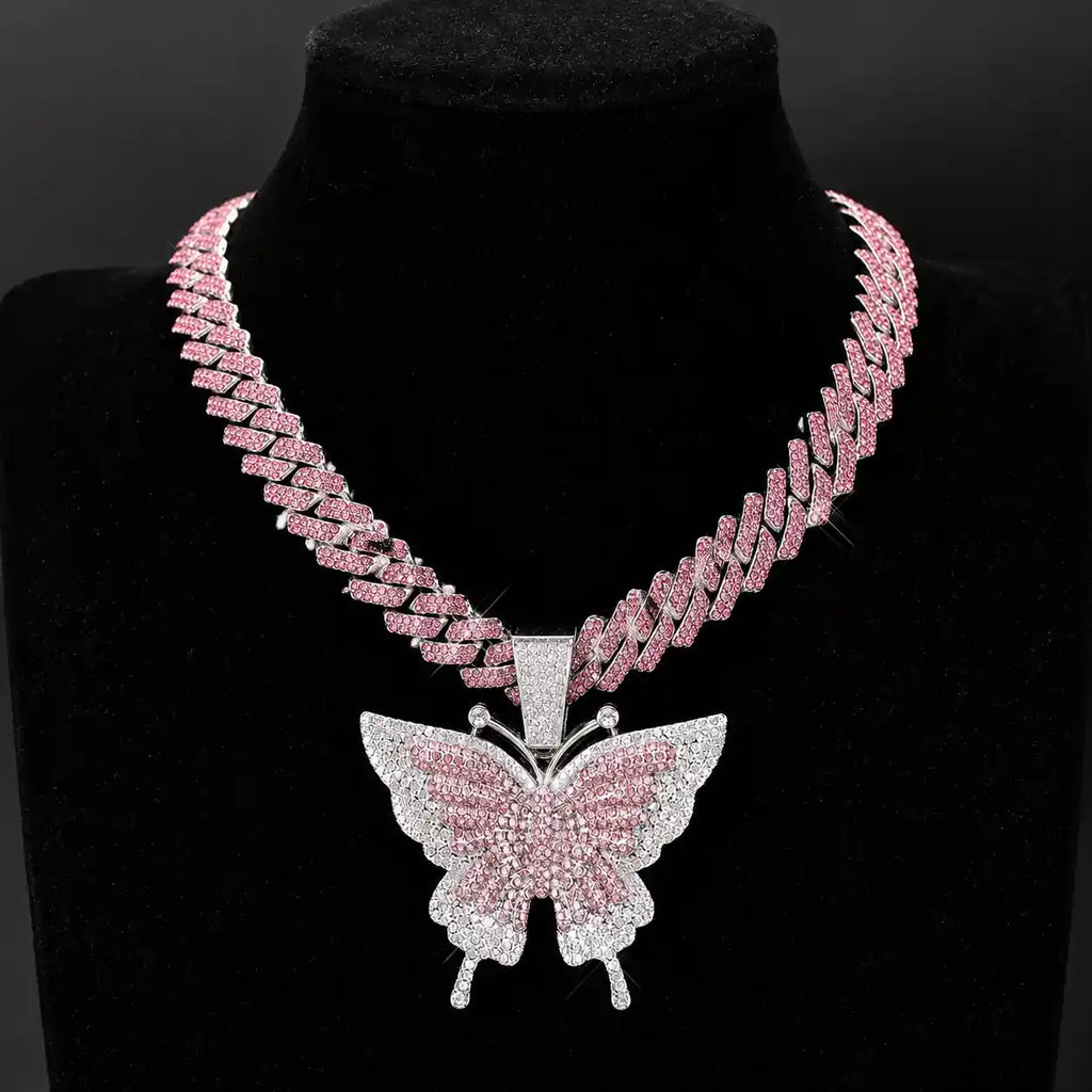 Collier Papillon Scintillant & Chaîne Cubaine Hip-Hop – Pendentif Pavé de Cristaux Brillants (Paiement à la Livraison)
