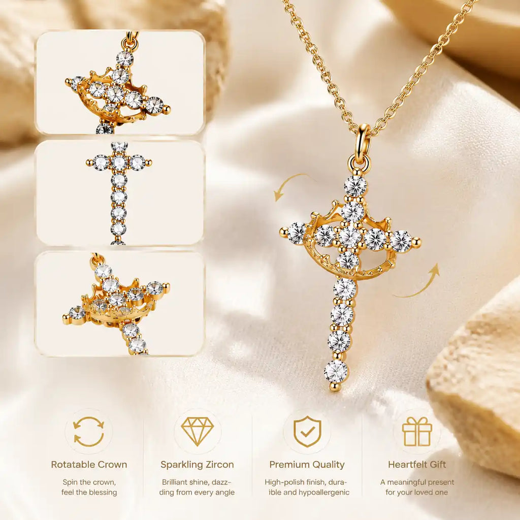 Collier Croix Royale avec Couronne Plaquée Or – Pendentif Sacré Scintillant & Inoxydable (Paiement à la Livraison)