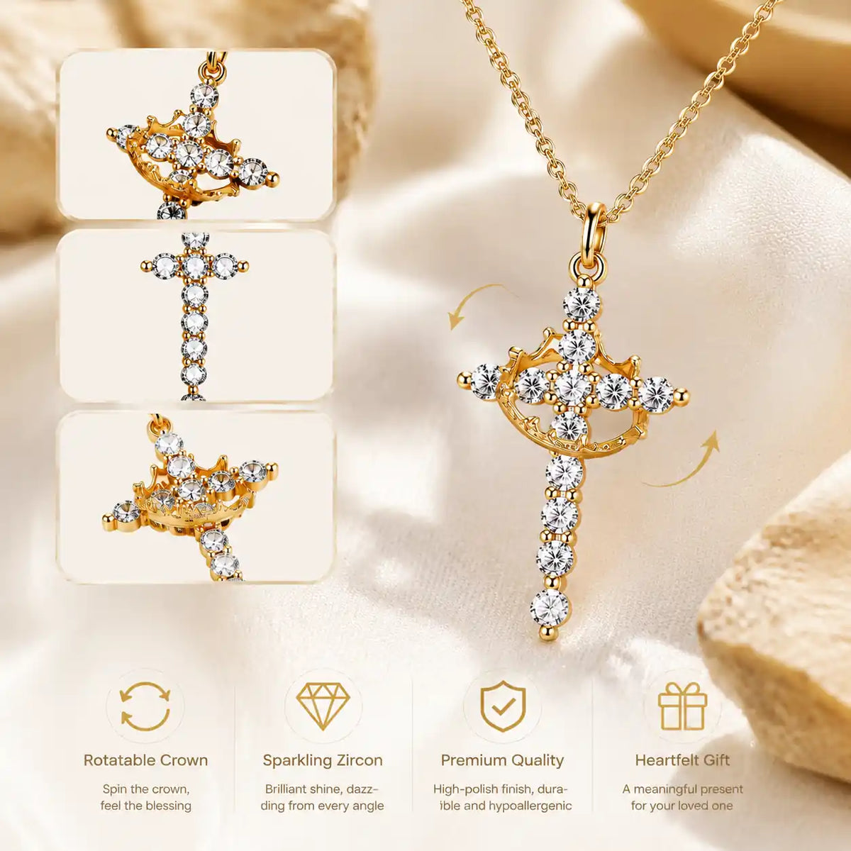 Collier Croix Royale avec Couronne Plaquée Or – Pendentif Sacré Scintillant & Inoxydable (Paiement à la Livraison)