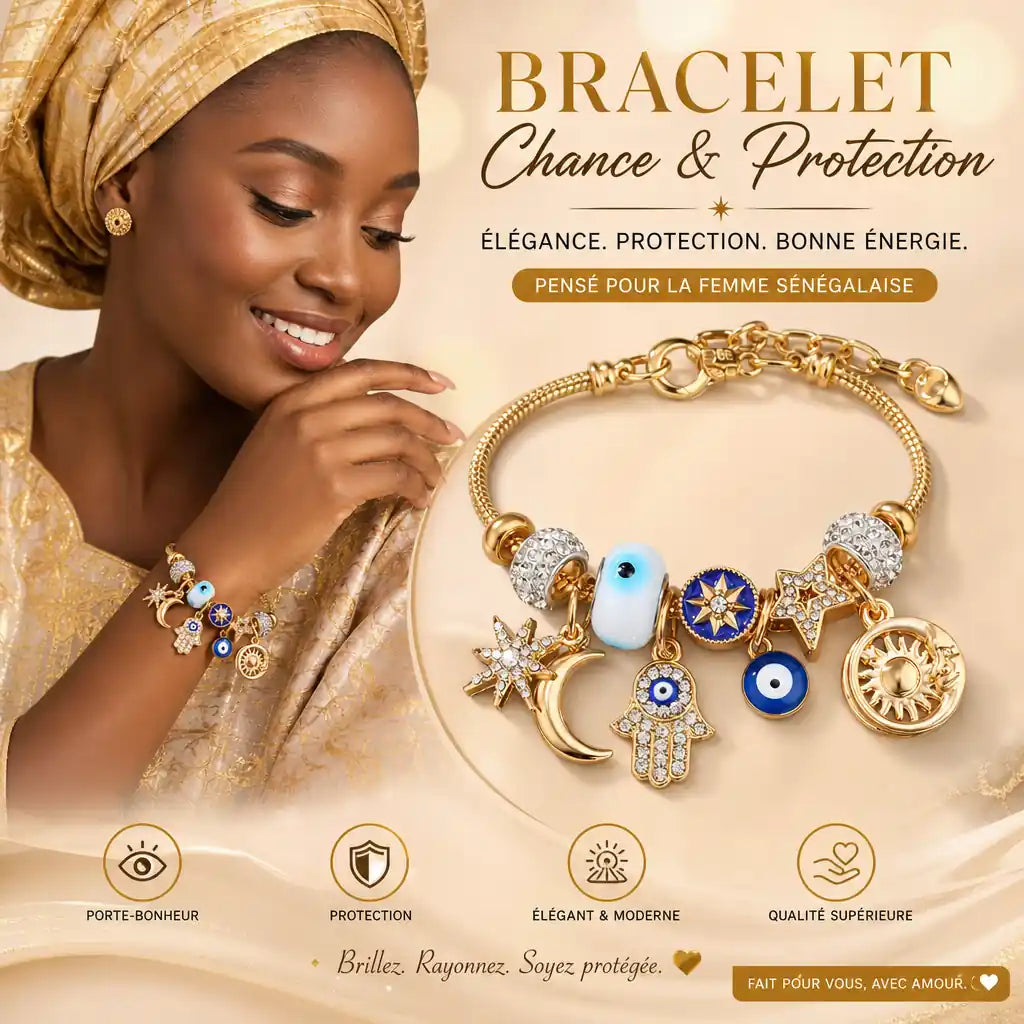 Bracelet Céleste Porte-Bonheur & Protection – Main de Fatma, Œil Protecteur & Soleil Doré (Paiement à la Livraison)