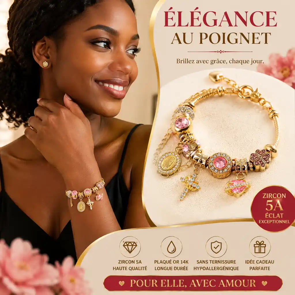 Bracelet Sacré Céleste & Perles Roses – Chaîne Serpent Dorée avec Médaille Miraculeuse & Croix Scintillante (Paiement à la Livraison)