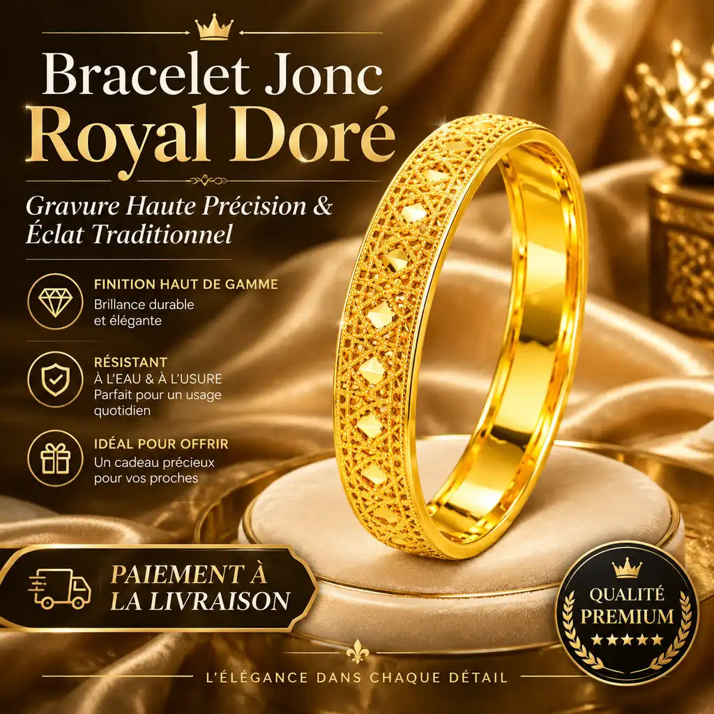 Bracelet Jonc Royal Doré – Gravure Haute Précision & Éclat Traditionnel (Paiement à la Livraison)