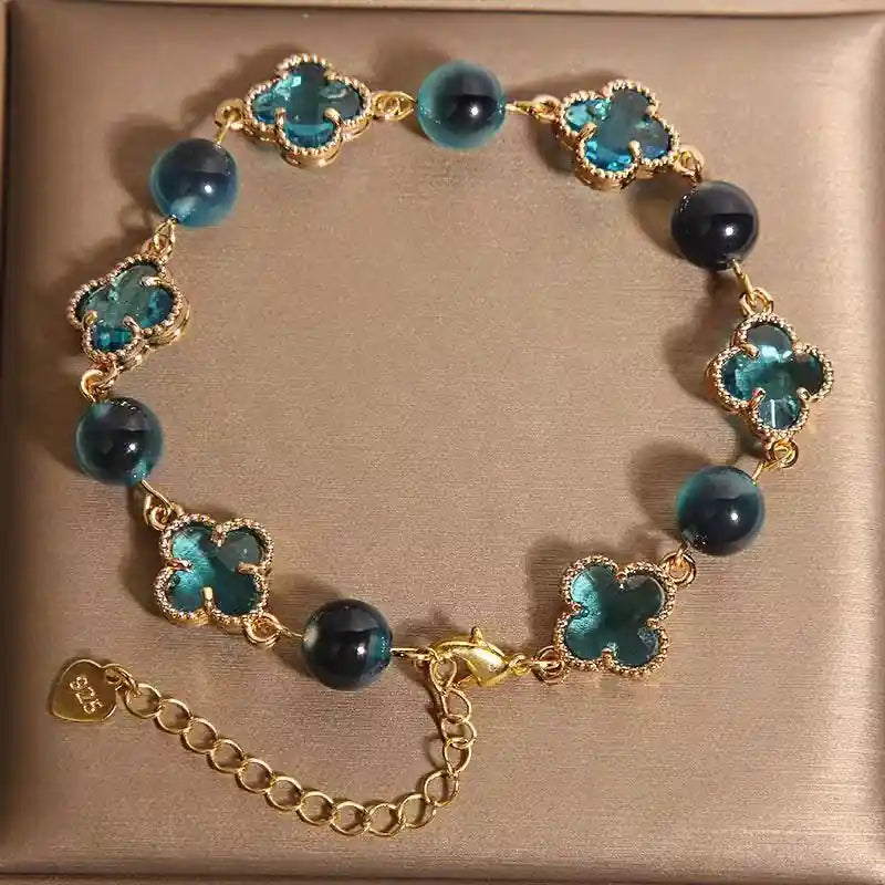 Bracelet Porte-Bonheur "Bleu Mirage" – Trèfle de Chance & Agate Raffinée