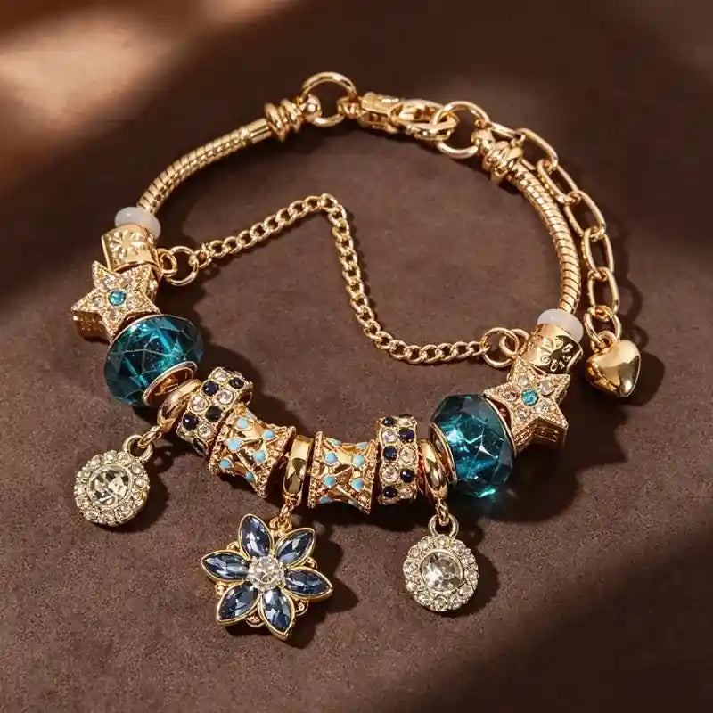 Bracelet Royal Bleu Saphir & Or Impérial – Style Bohème Vintage avec Cristal Étoilé & Fleur Scintillante (Paiement à la Livraison)